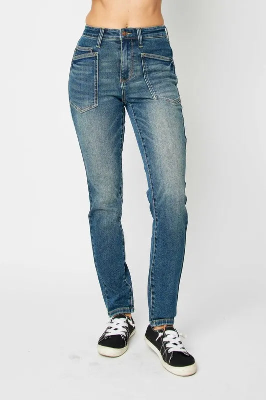 Dark Judy Blue high-waist skinny jeans with patch pockets