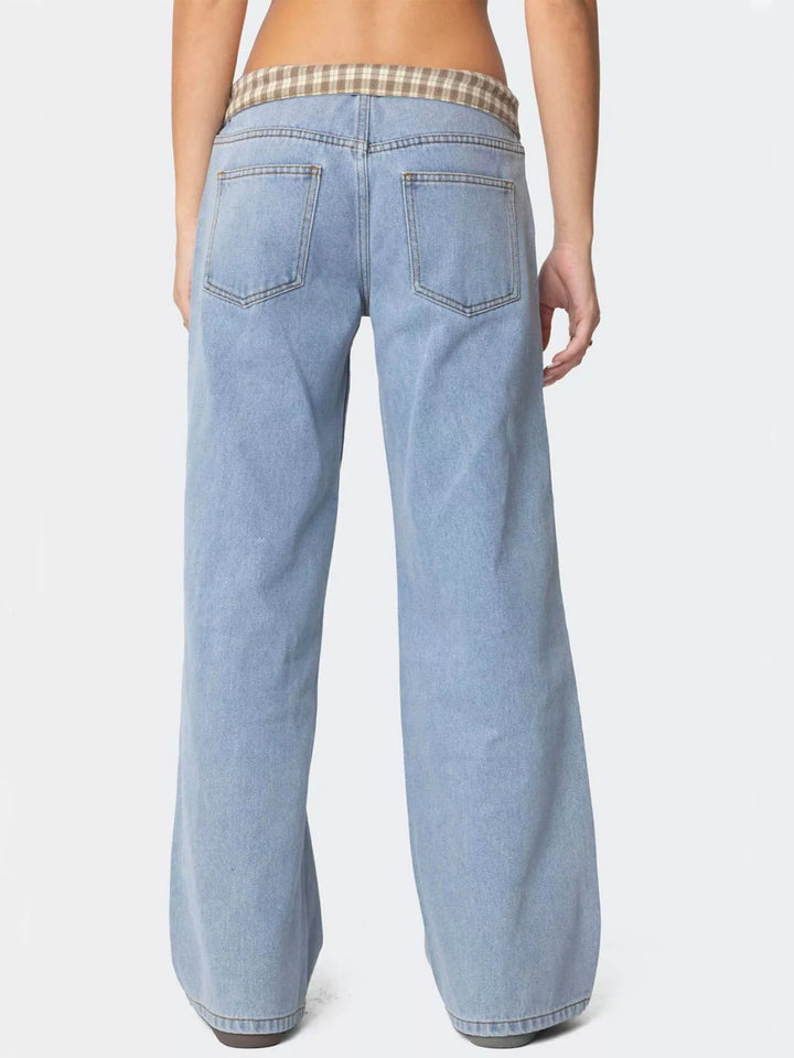 Low rise wide leg jeans with plaid fold-over waistband