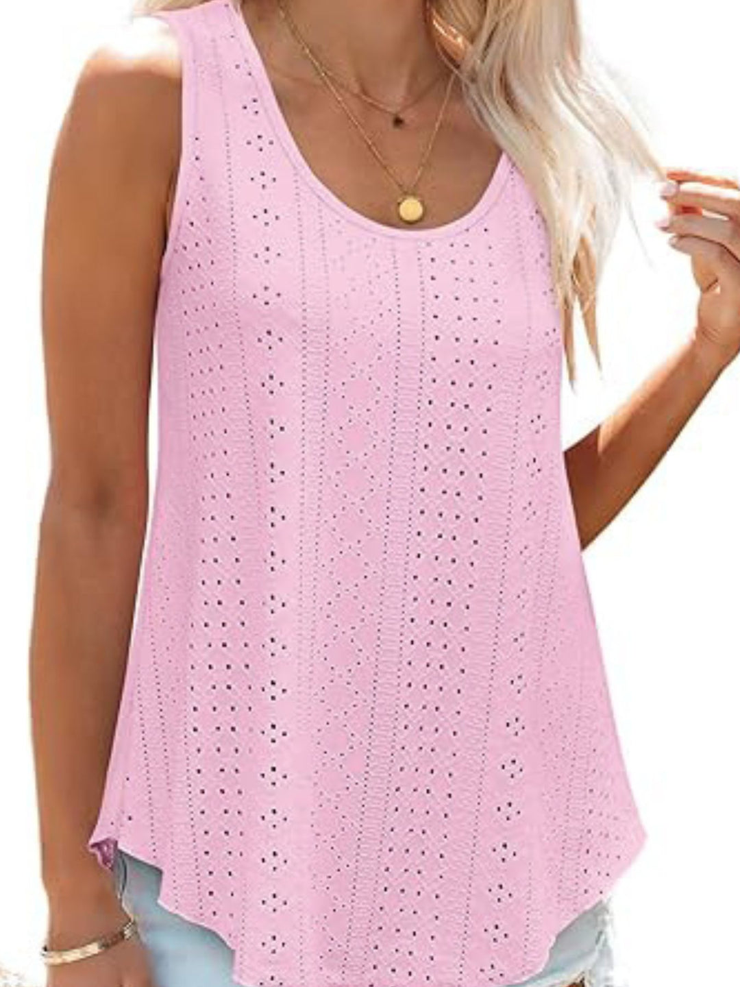 Eyelet knit scoop neck flowy swing tank top
