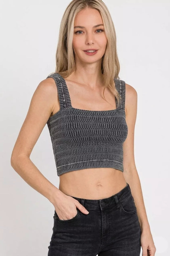 Seamless stone-washed ribbed square-neck bra top
