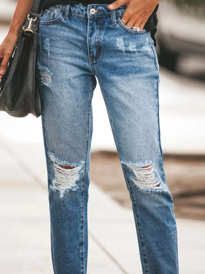 Distressed straight-leg ankle jeans with raw hem