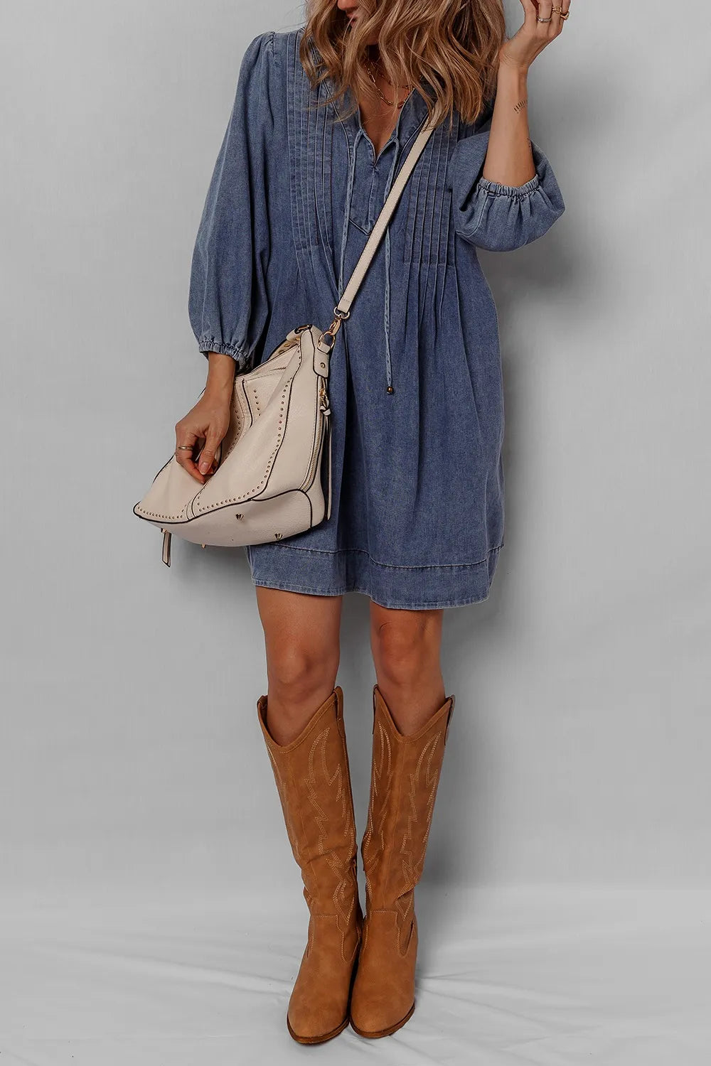Pintucked tie-neck long sleeve denim mini dress