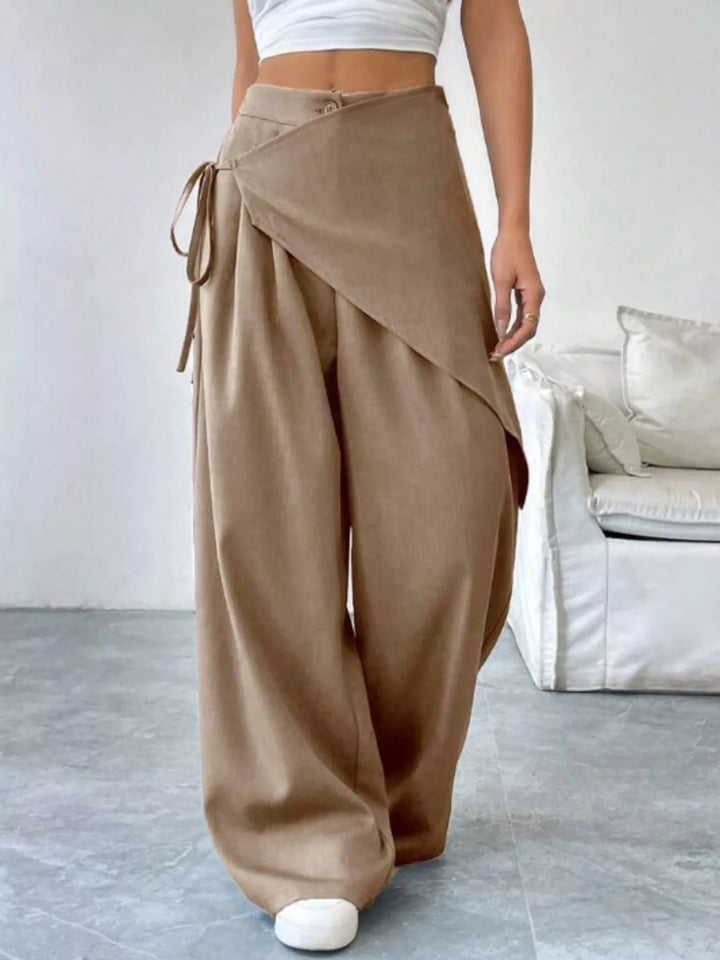 Khaki High-rise wrap-front wide-leg pants with drawstring tie