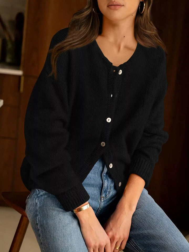 Button-front dropped shoulder knit cardigan