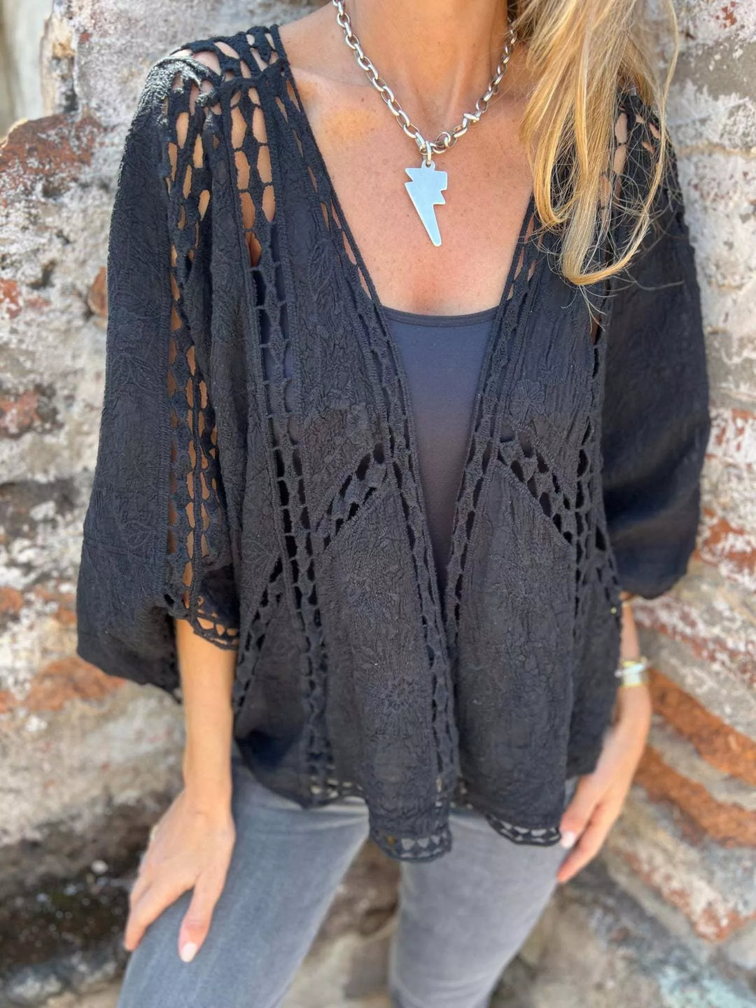 Black Embroidered floral lace open-front cardigan with crochet trim