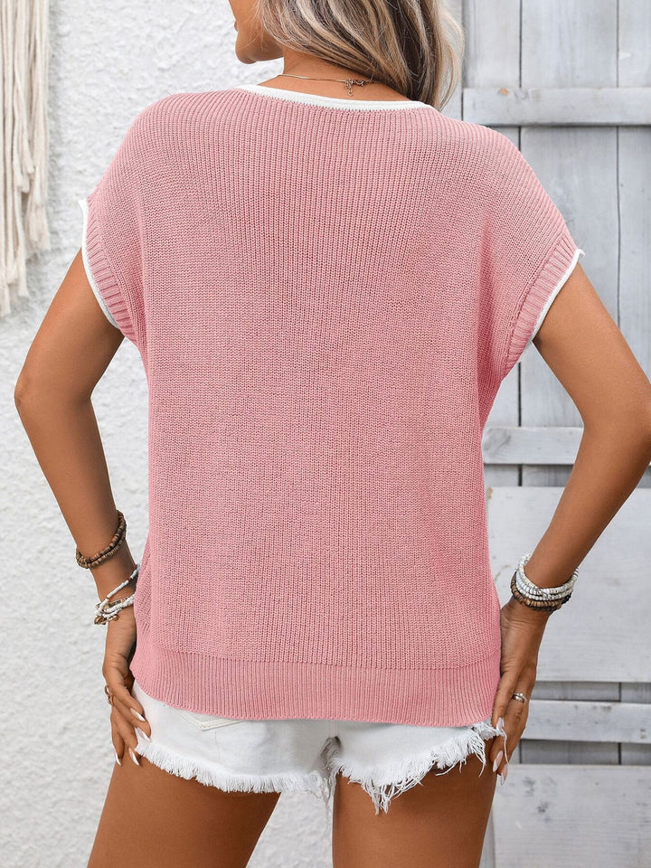 Ribbed contrast trim short sleeve sweater top
