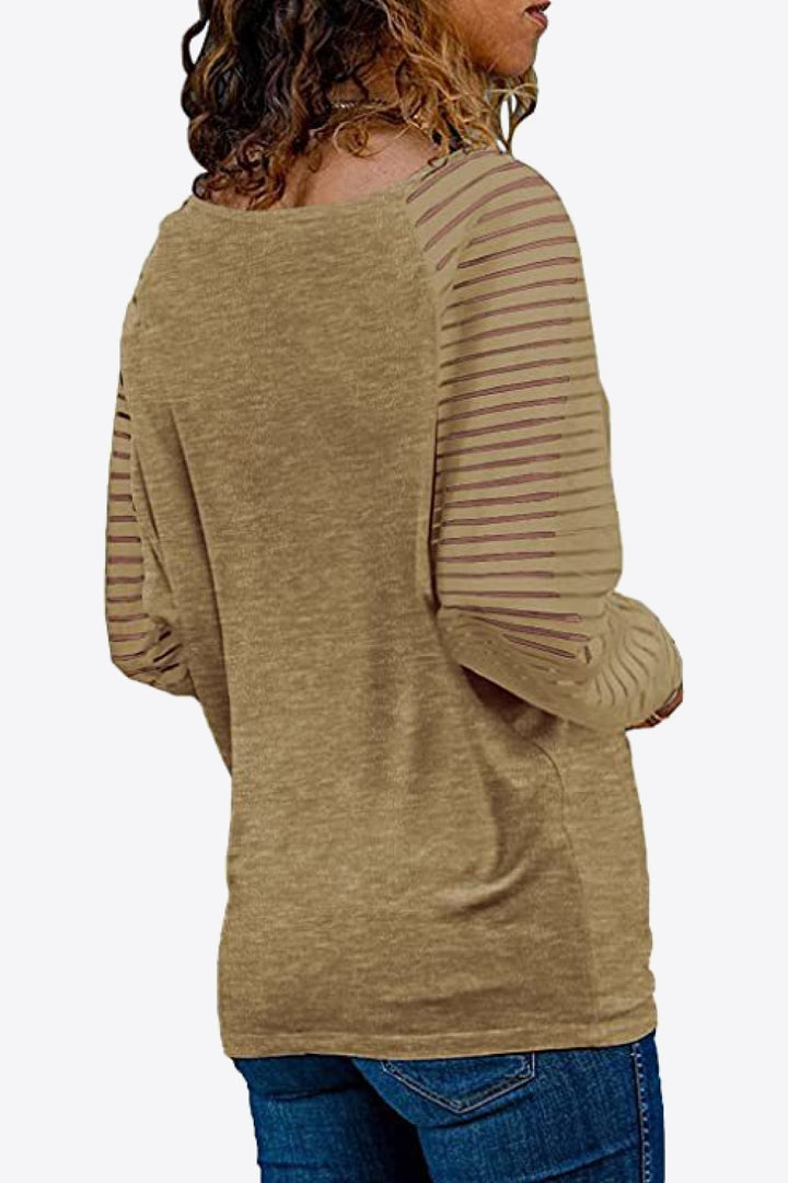 Semi-sheer striped raglan sleeve V-neck top