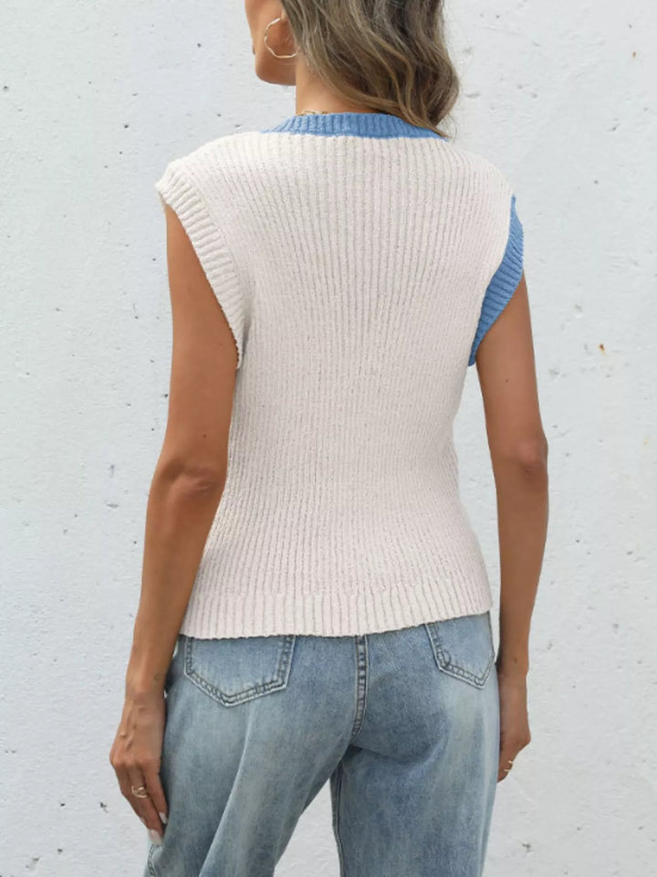 Two-tone ribbed knit button-front cropped cardigan