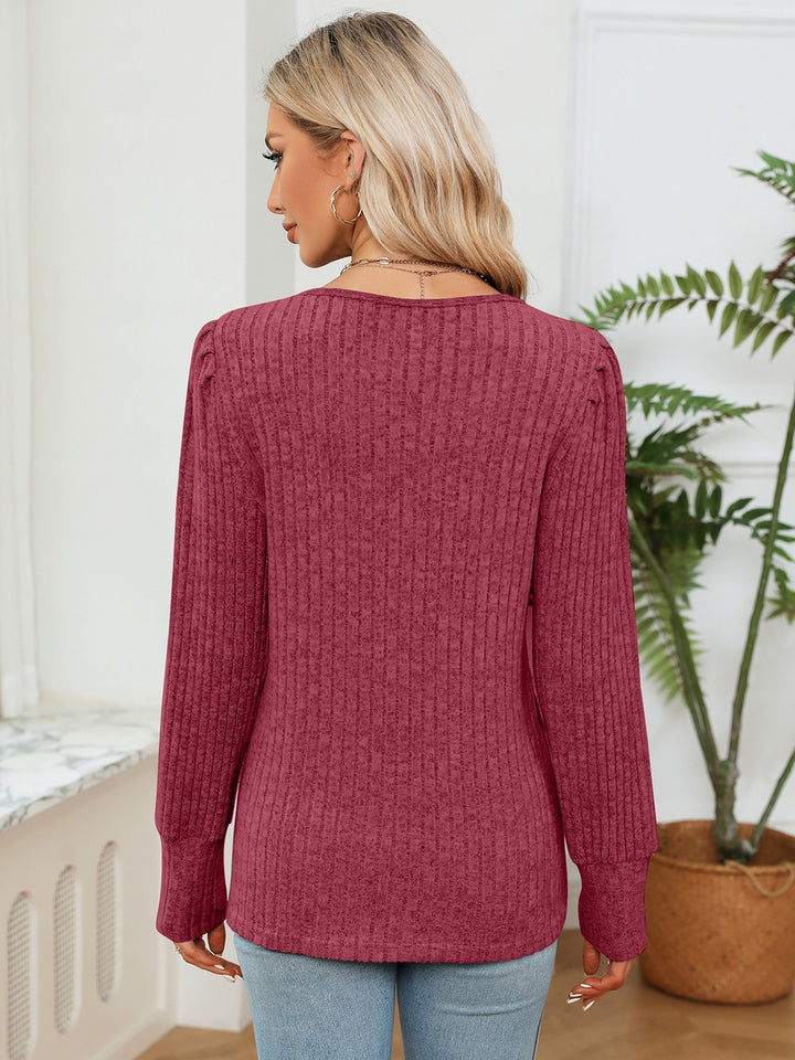 Lace-trim V-neck ribbed knit long sleeve blouse