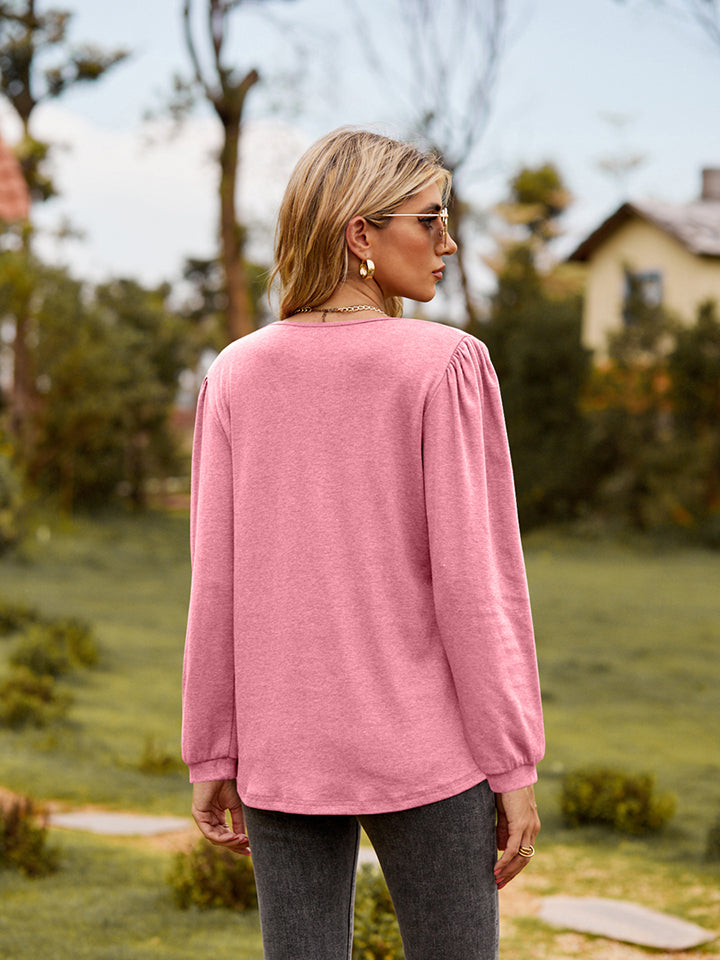Ruffle trim puff sleeve split-neck blouse