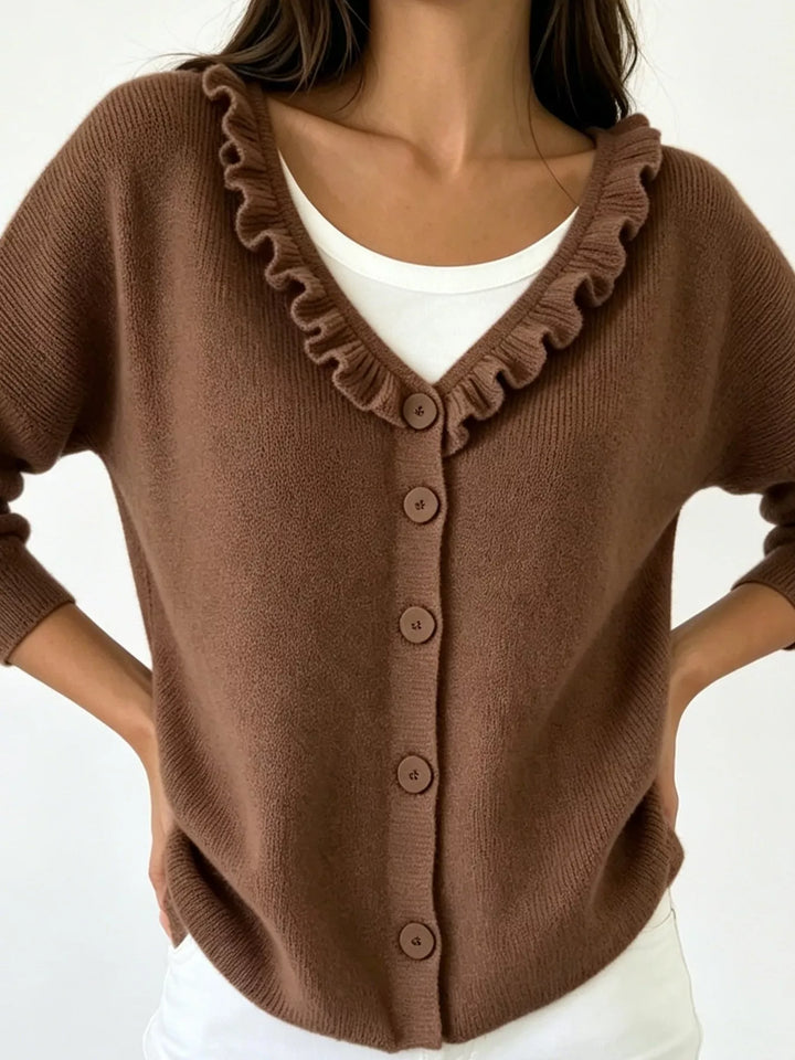 Brown Ruffle-trim V-neck button-front knit cardigan