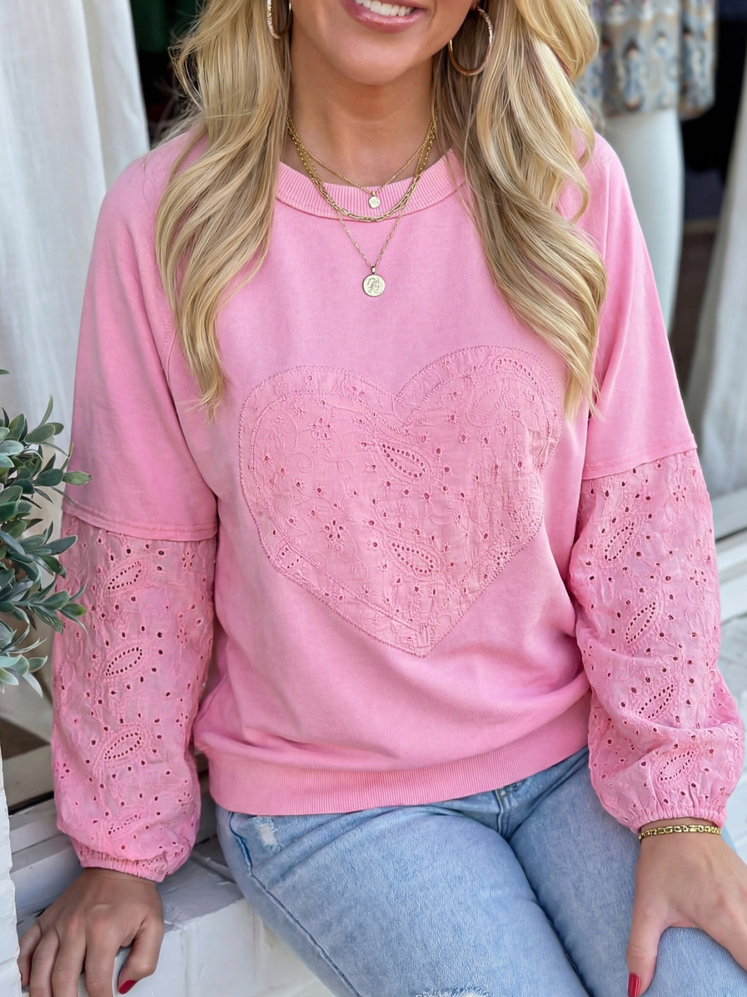 Pink Eyelet lace heart patch long sleeve pullover top