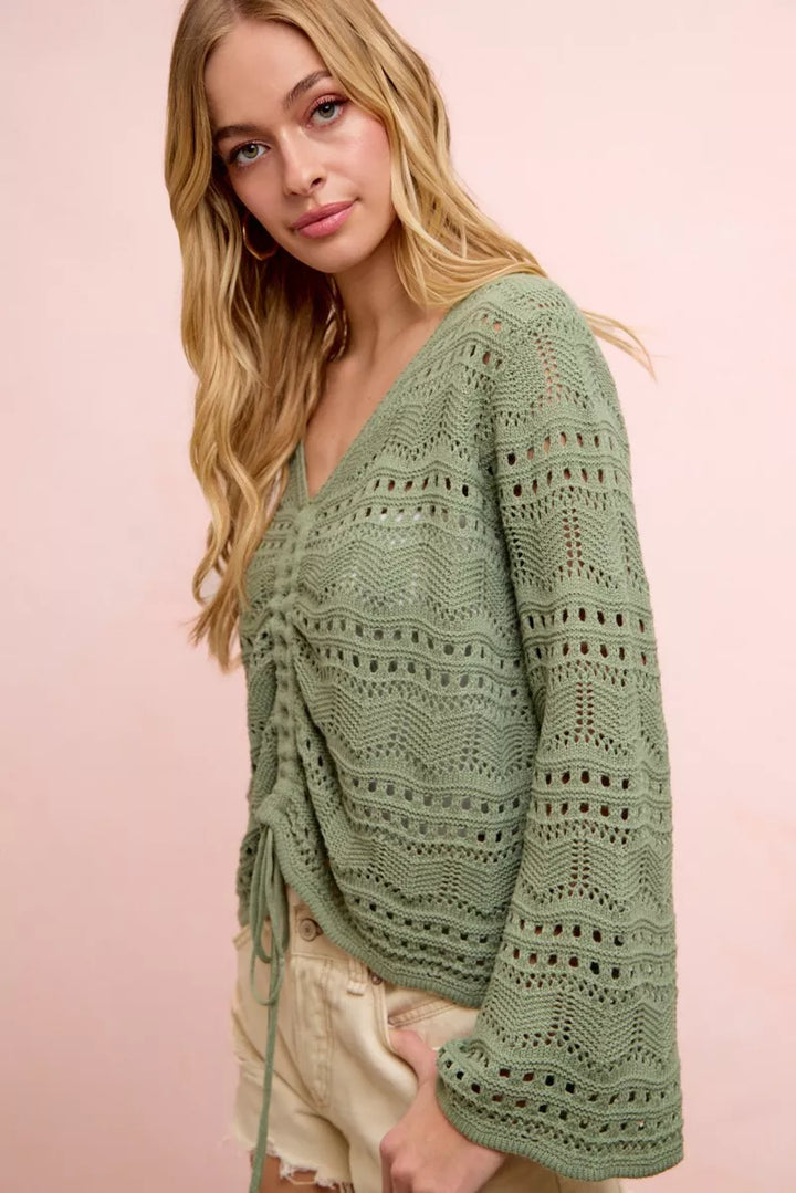 Long sleeve pointelle knit V-neck top with ruched front