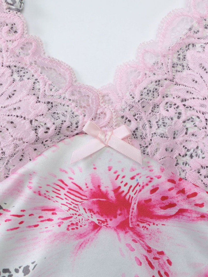 Lace trim ruched cami with leopard print and bow