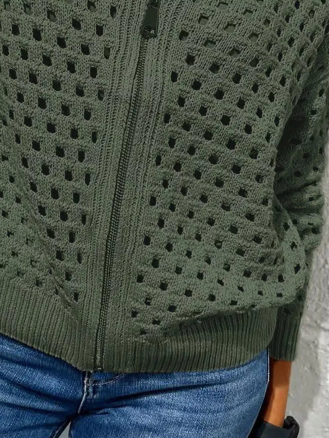 Open-knit zip-up bomber cardigan with ribbed trim