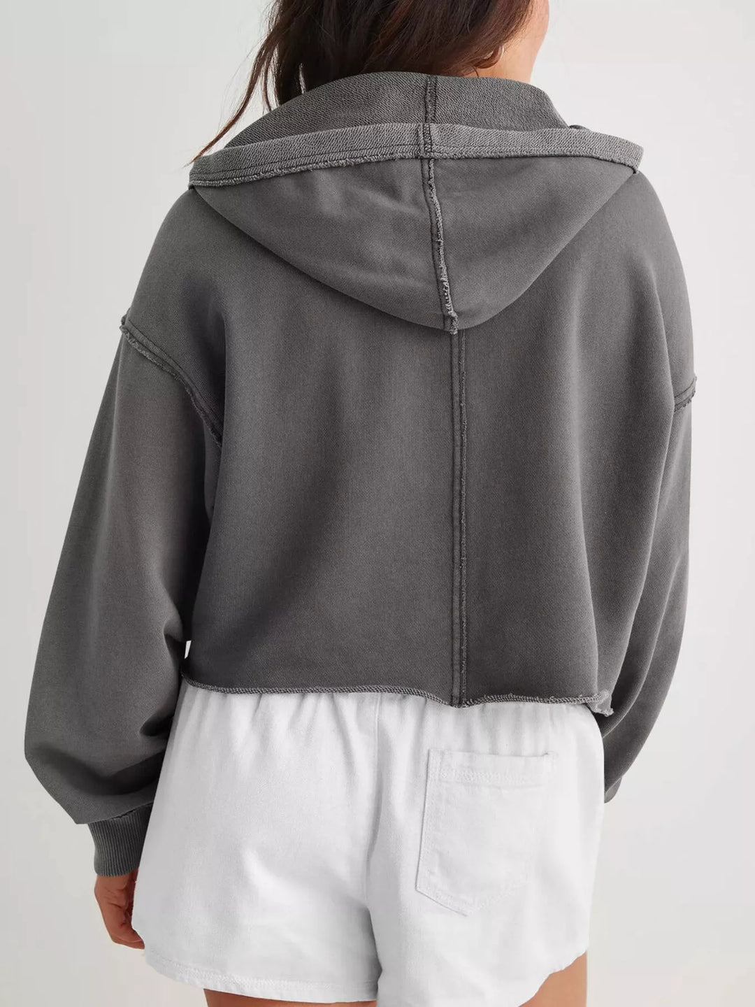 Cropped exposed-seam pullover hoodie with split neck