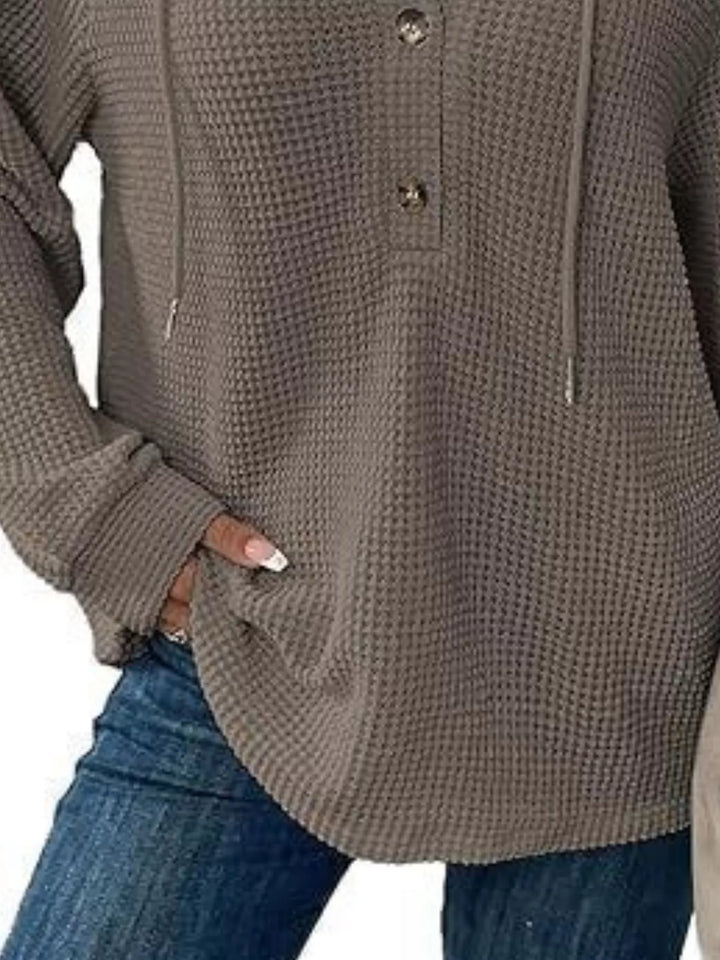 Button-detail waffle knit hoodie with drawstring hood