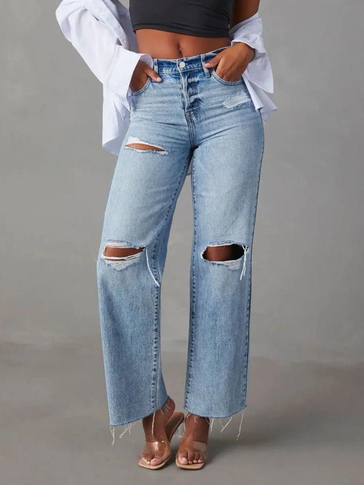 Light Distressed wide-leg jeans with knee rips and raw hem