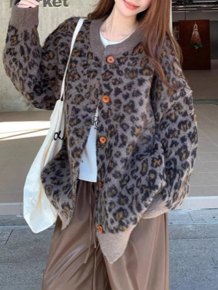 Oversized leopard print button-up knit cardigan