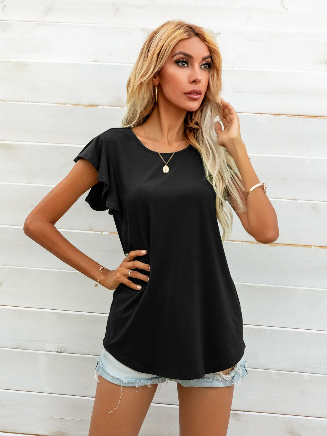 Ruffled butterfly cap sleeve round neck top