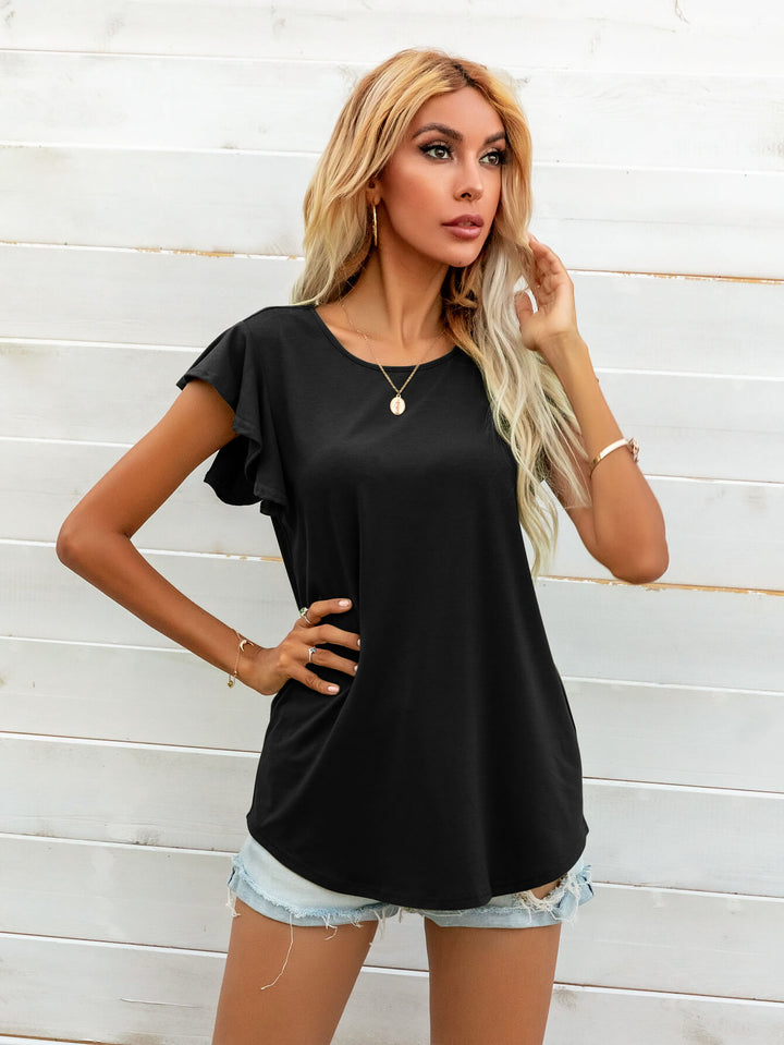 Ruffled butterfly cap sleeve round neck top