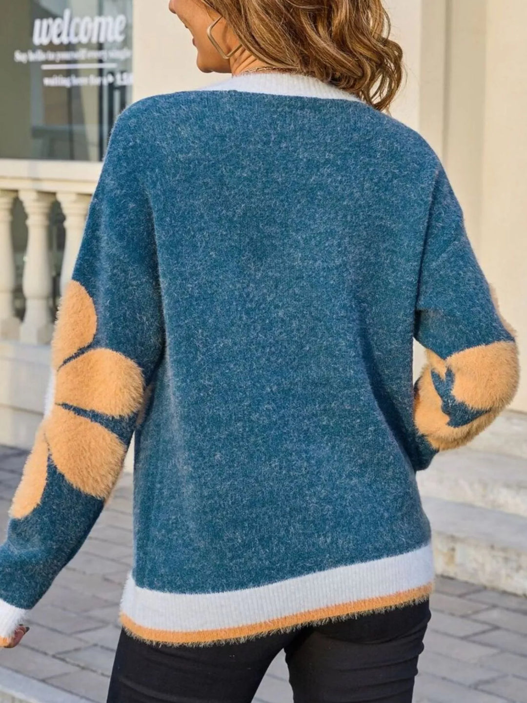 Fuzzy knit floral crew neck sweater with contrast trim