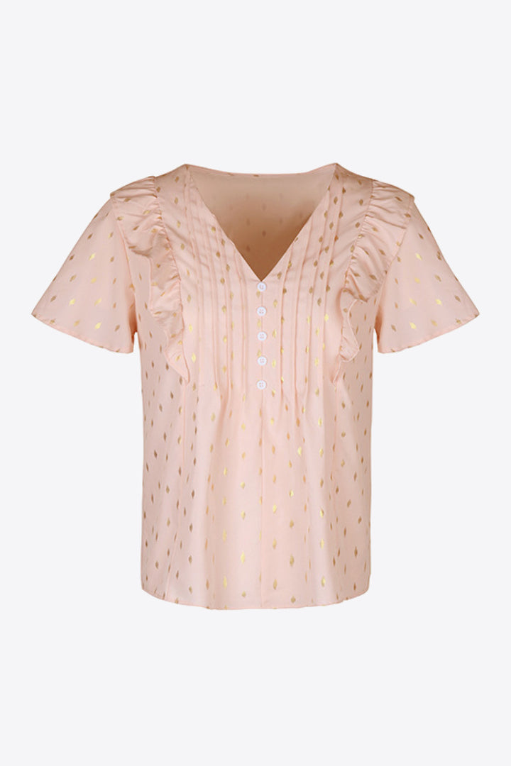 Ruffle trim pintuck blouse with gold foil dot print