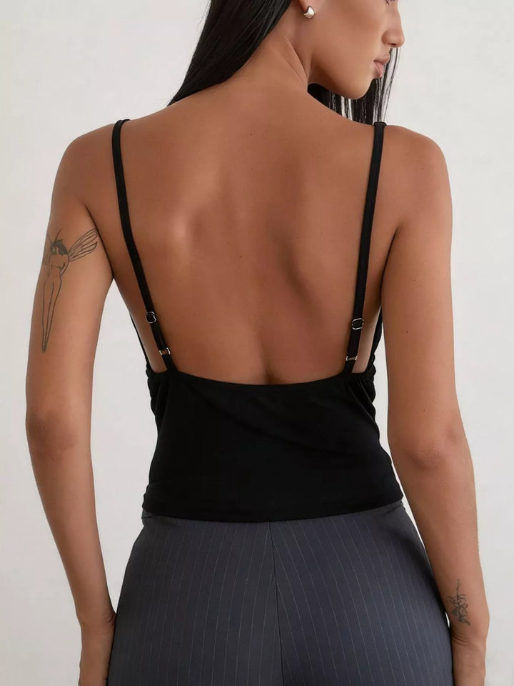 Cowl neck ruched tank top with sequin bust panel