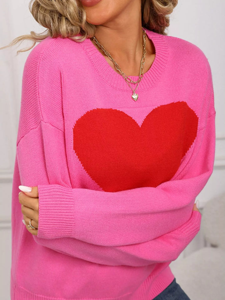 Heart intarsia dropped-shoulder crewneck sweater