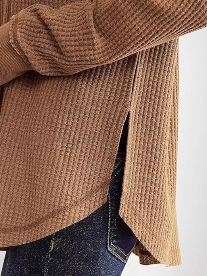 Waffle knit notched neck long sleeve tunic top