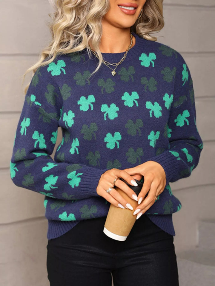 Shamrock print crew neck knit sweater
