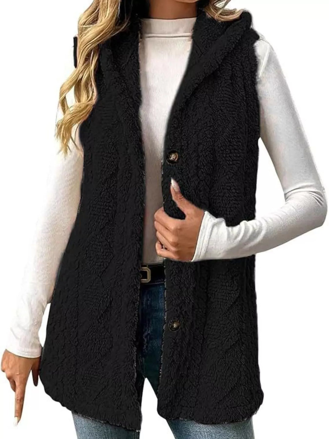 Black Textured sherpa hooded vest with button front