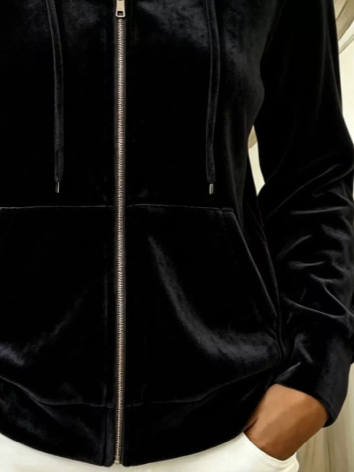 Velvet zip-up hoodie jacket with drawstring and front pockets