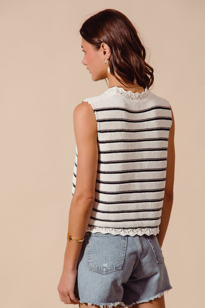 Striped knit button-down sweater vest with crochet trim