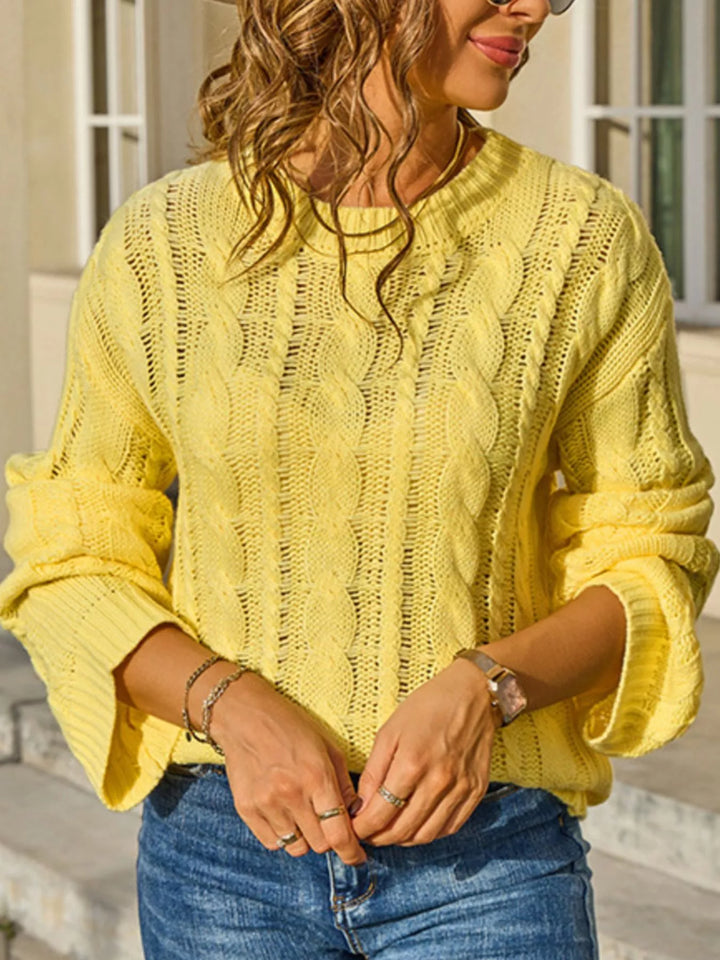 Openwork cable knit long sleeve crew neck sweater