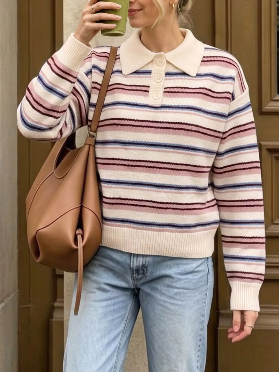 Striped knit polo collar sweater with ribbed trim