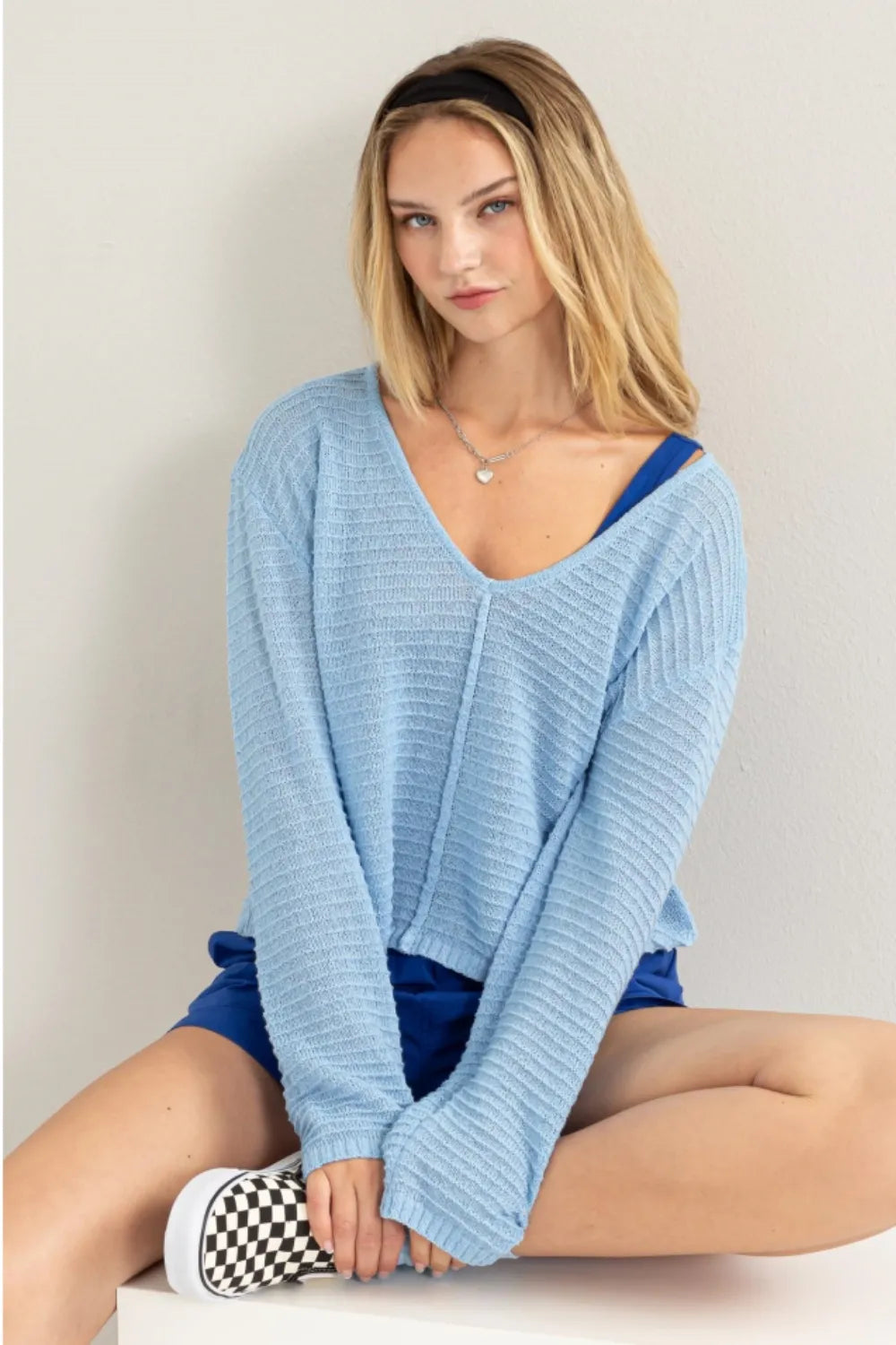 BABY BLUE Textured stripe knit V-neck long sleeve top