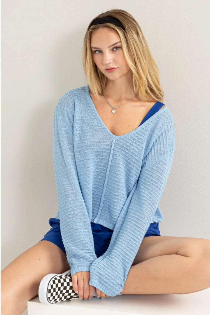 BABY BLUE Textured stripe knit V-neck long sleeve top