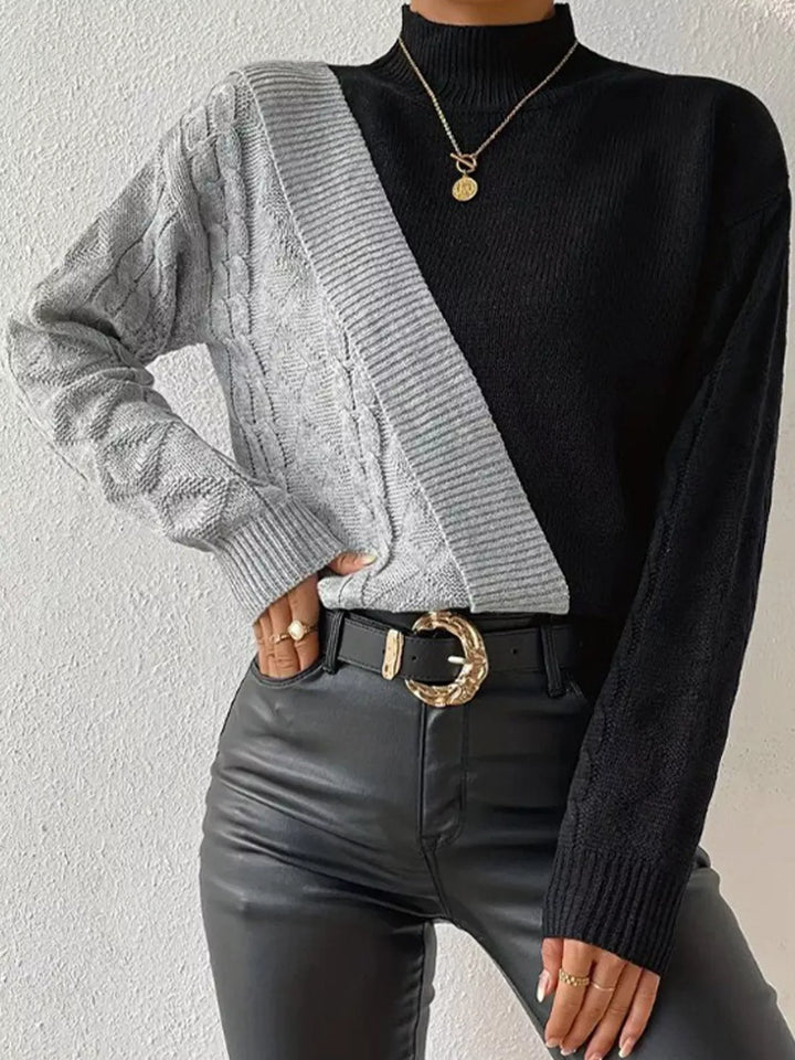 Gray Diagonal color block cable knit mock neck sweater