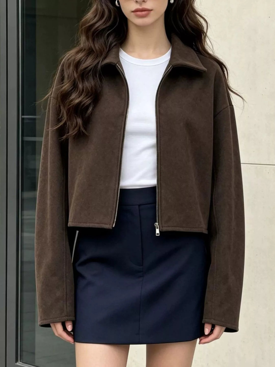 Brown Cropped zip-up jacket with dropped shoulders and collar