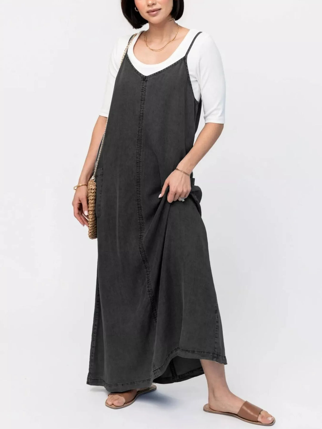Black Washed denim cami maxi dress with side pockets
