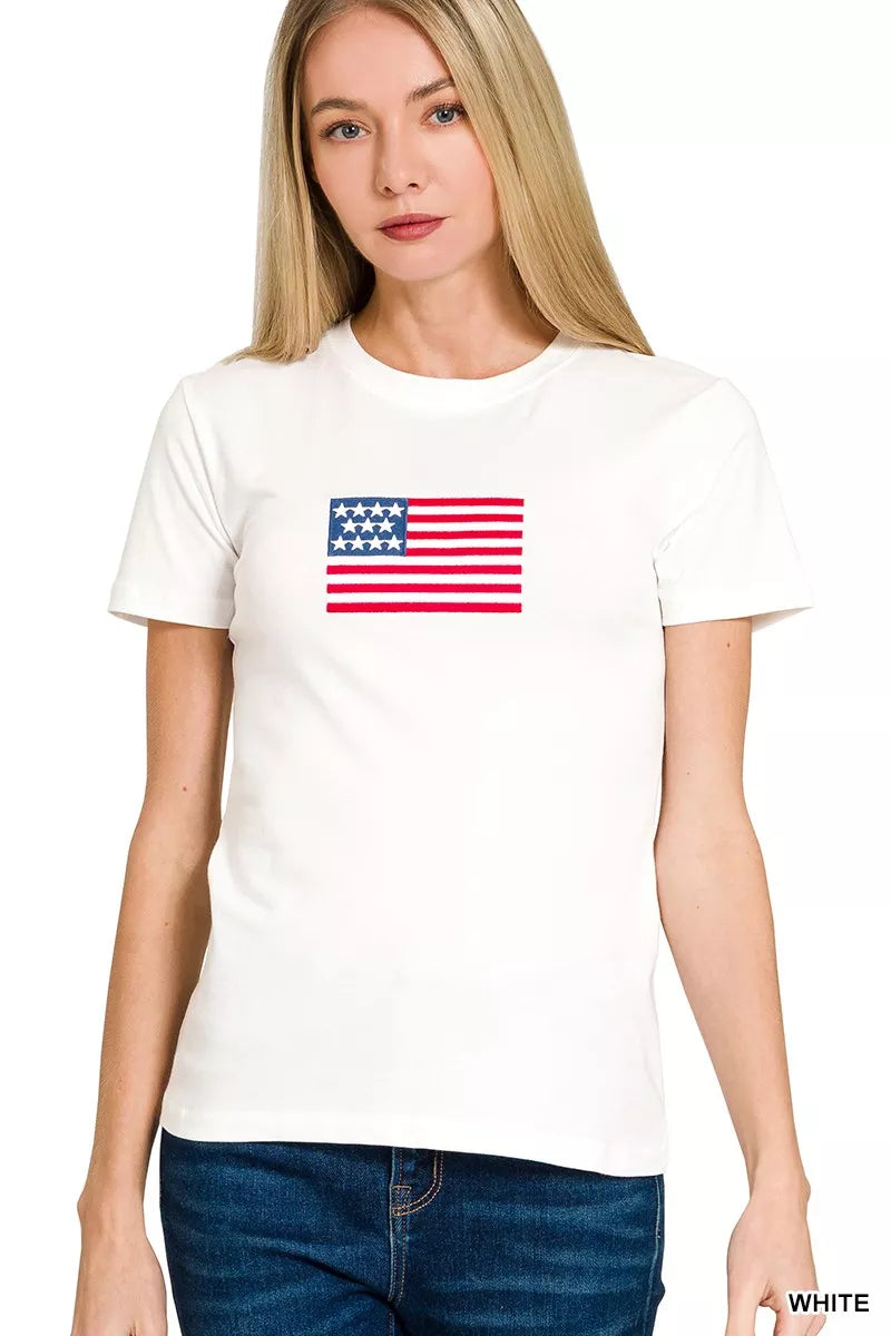 WHITE Embroidered American flag graphic crew neck tee