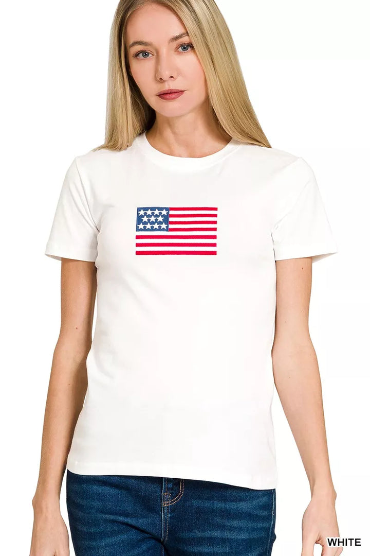 WHITE Embroidered American flag graphic crew neck tee