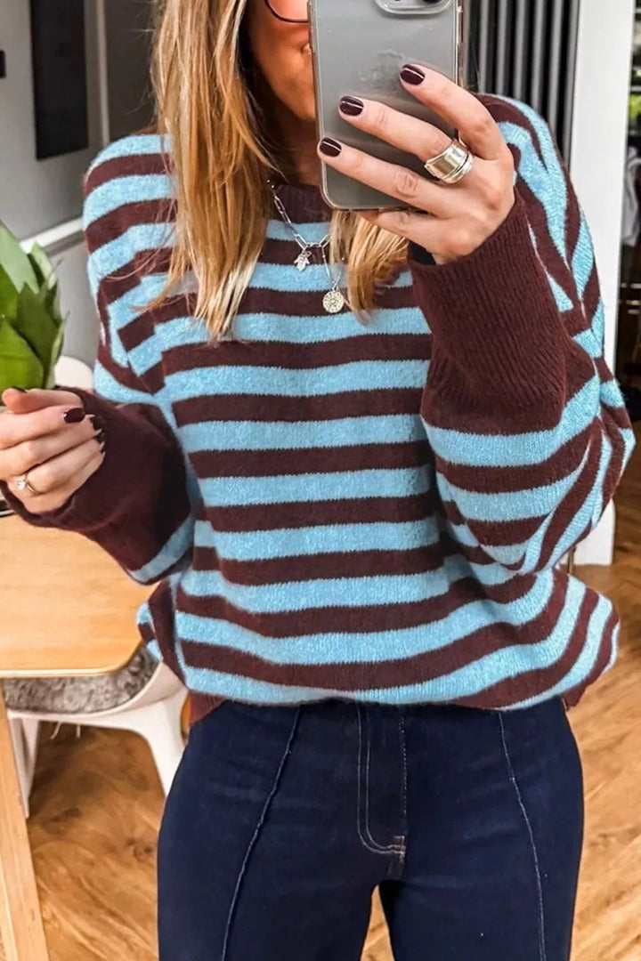 Striped color block crew neck sweater with ribbed cuffs