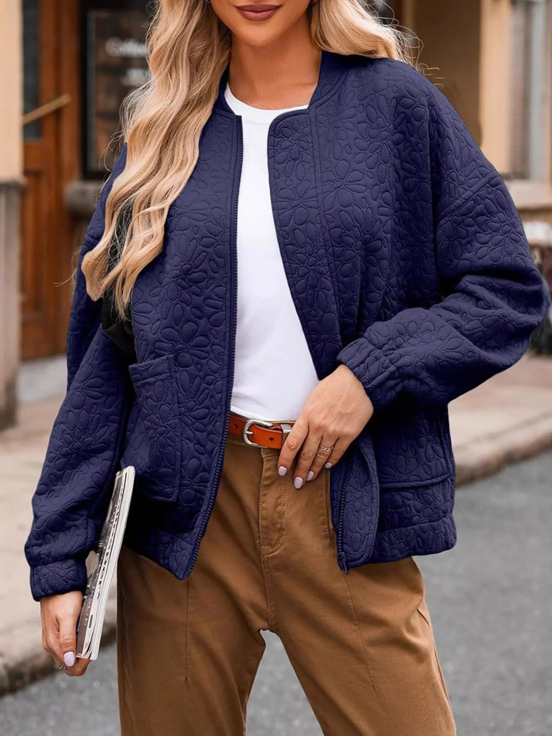 Navy Blue Floral quilted zip-up bomber jacket with pockets