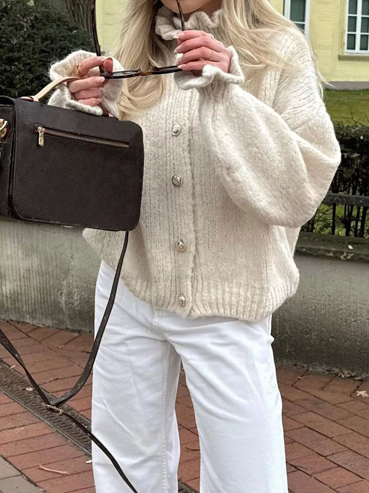 Frill collar button-down knit cardigan with ribbed cuffs
