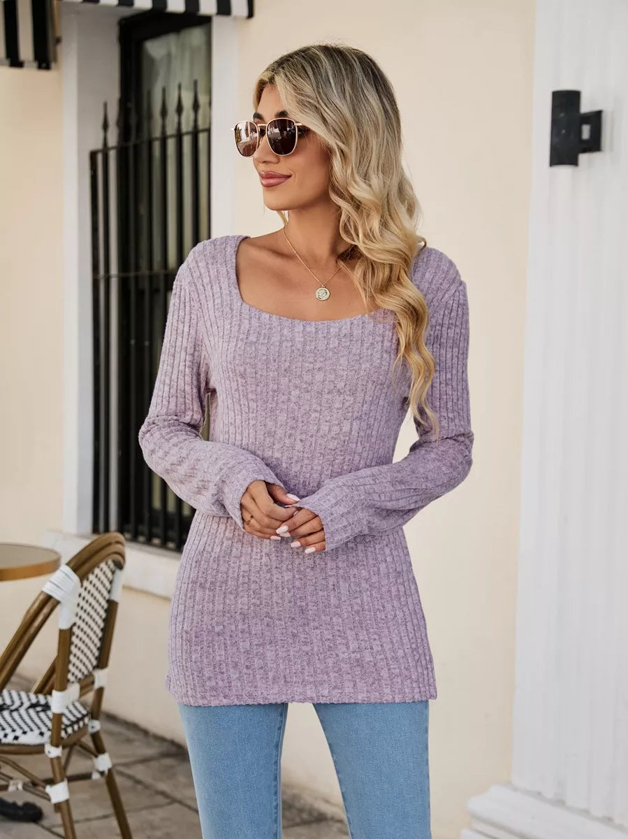 Fitted ribbed square neck long sleeve top