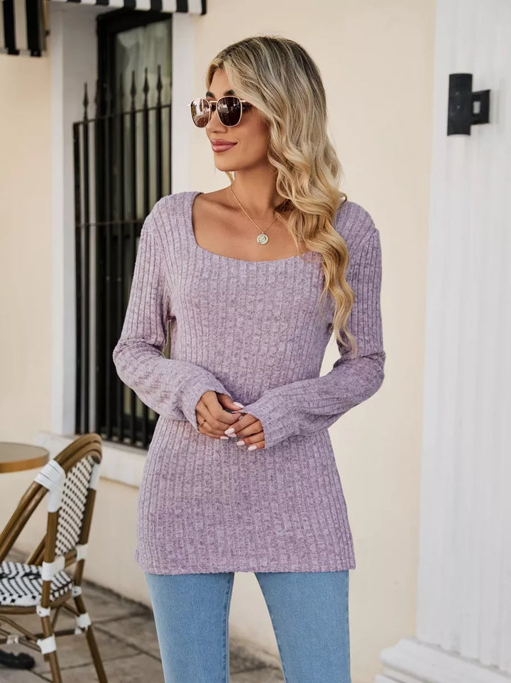 Fitted ribbed square neck long sleeve top
