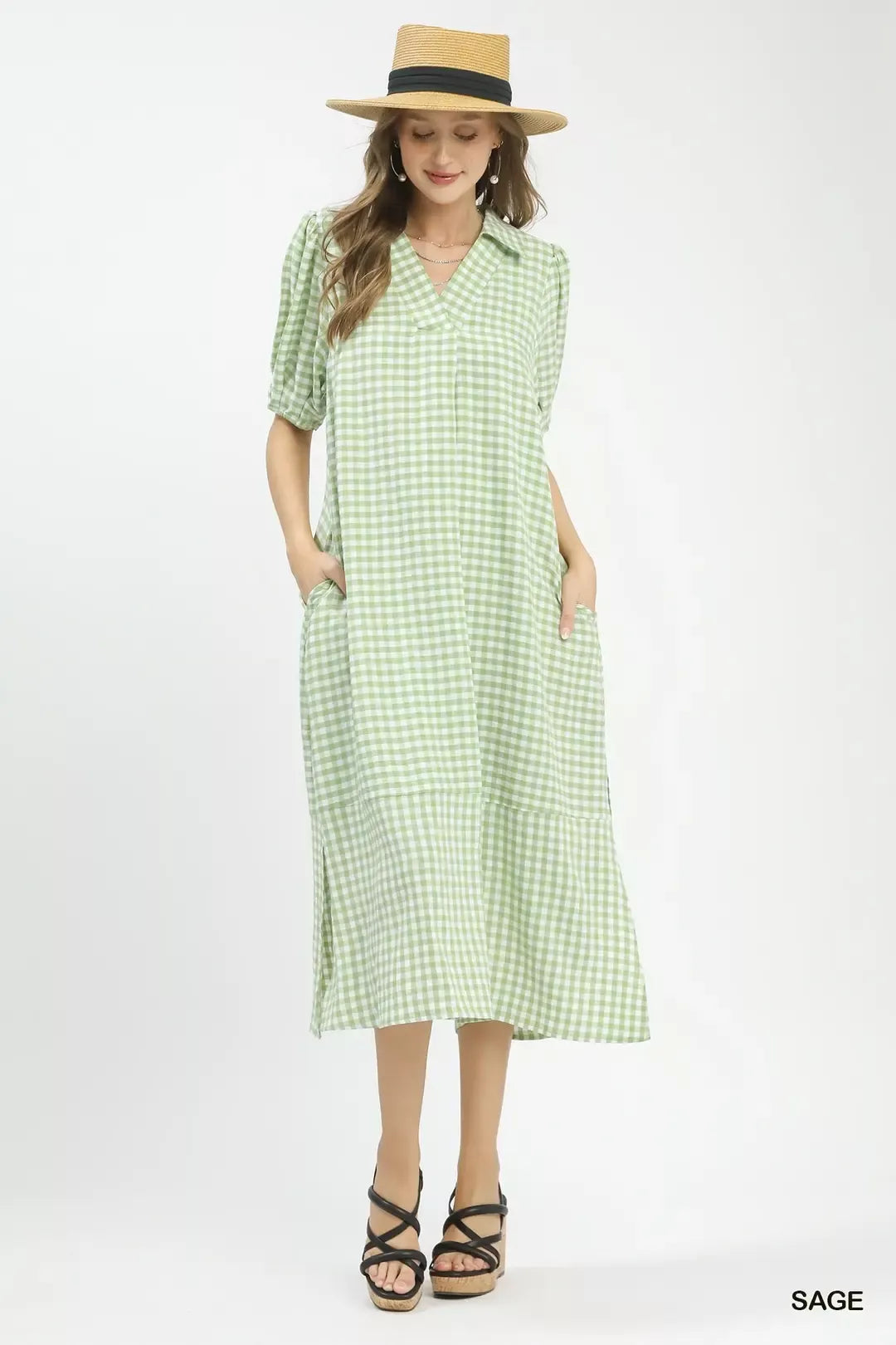 Gingham collared midi dress with tiered hem and pockets
