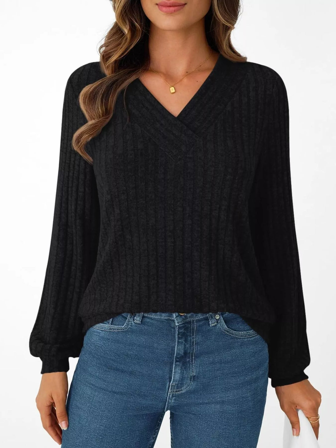 Ribbed knit v-neck top with blouson sleeves